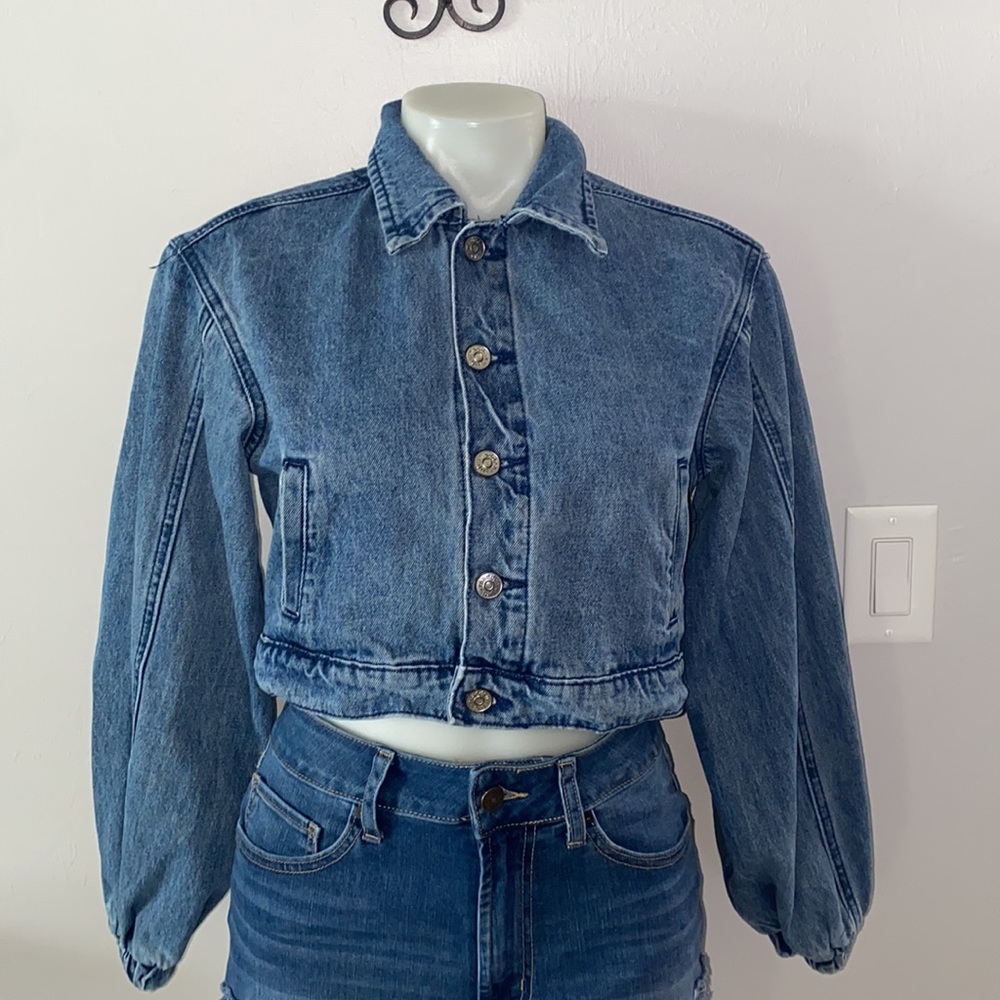 Madden‎ Girl Jean Jacket Women’s XS Blue Medium Wash Cropped Balloon Sleeves Y2K